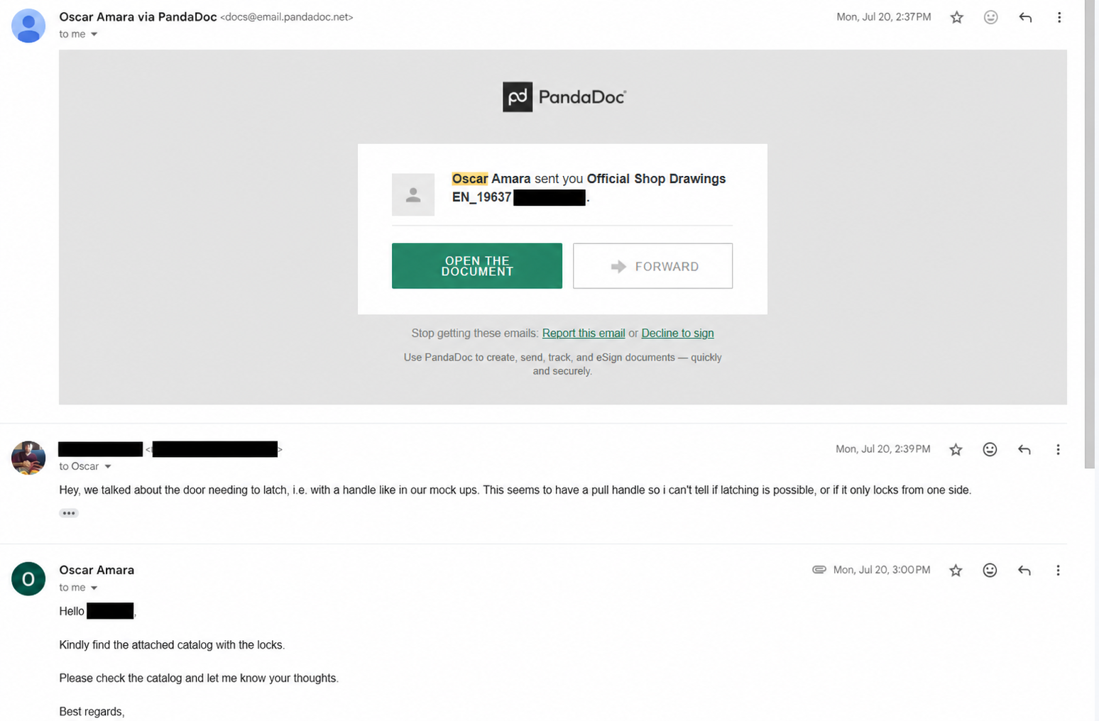 Redacted email exchange in which I say the drawing does not appear to latch and Crystalia sends a lock catalog