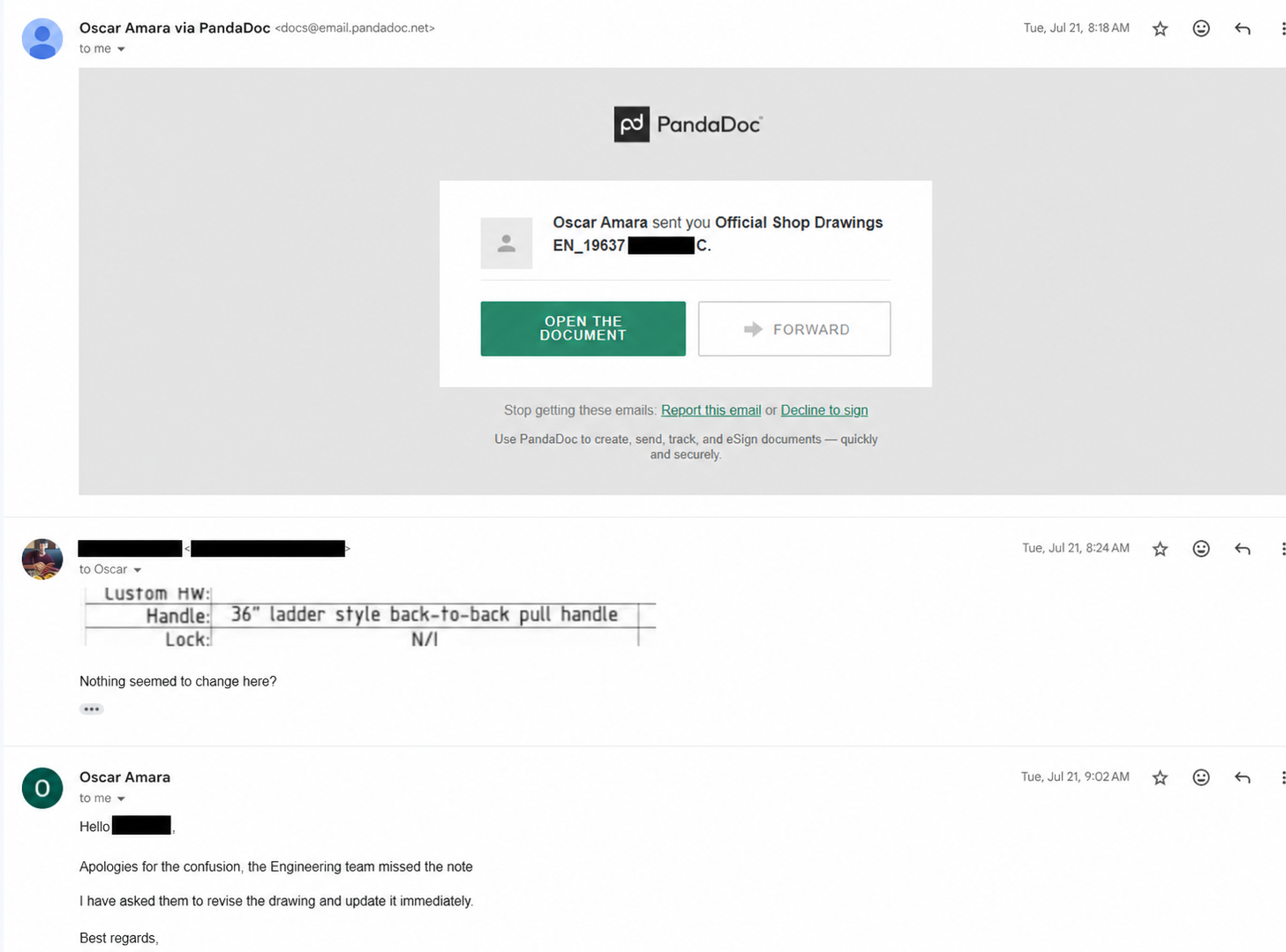 Redacted email showing the second drawing still listed no lock and Crystalia acknowledging that engineering missed the note