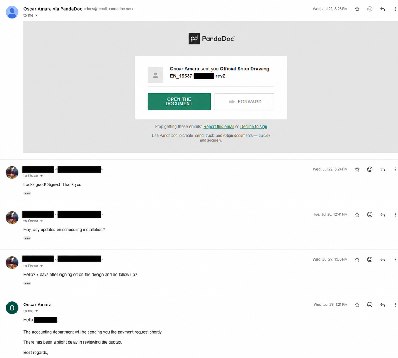 Redacted email thread showing the corrected drawing was signed, follow-ups about installation, and a promised payment request