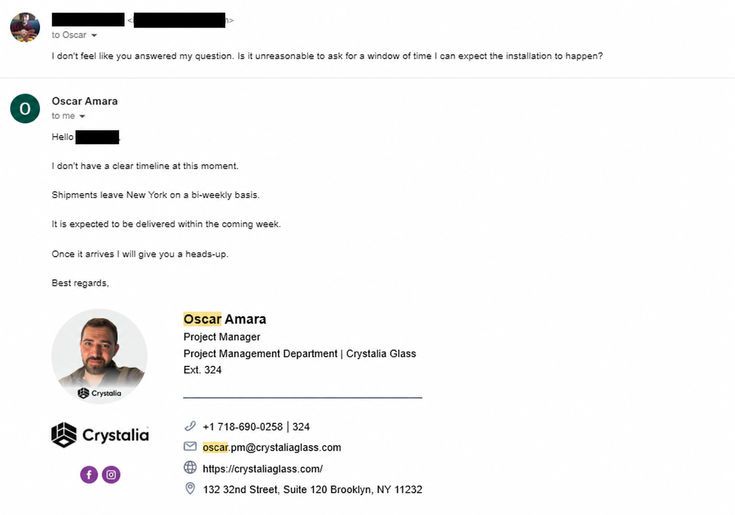 Redacted email in which Crystalia says there is no clear timeline but delivery is expected within the coming week
