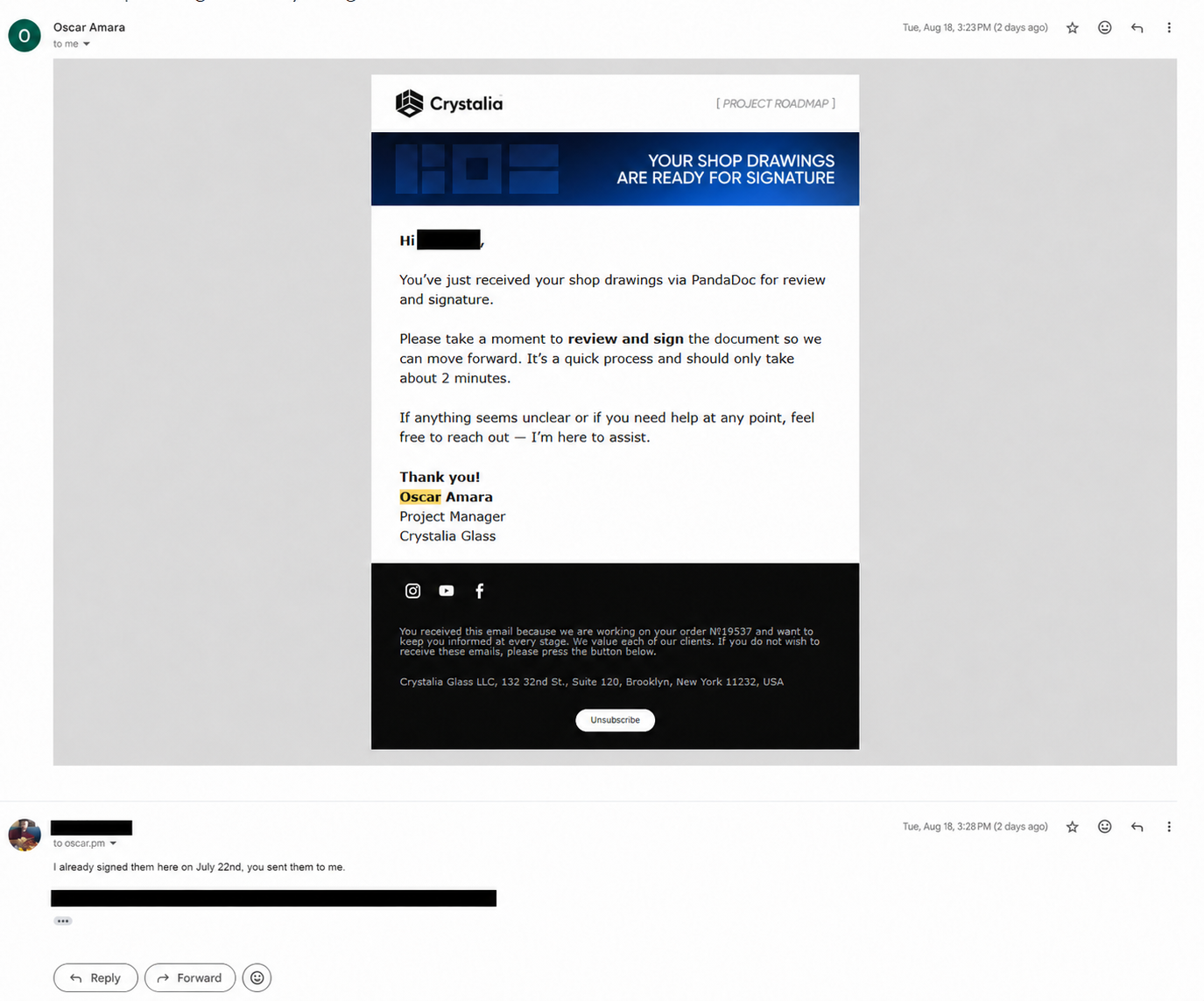 Redacted email asking for a shop drawing signature and my reply that I had already signed the drawings