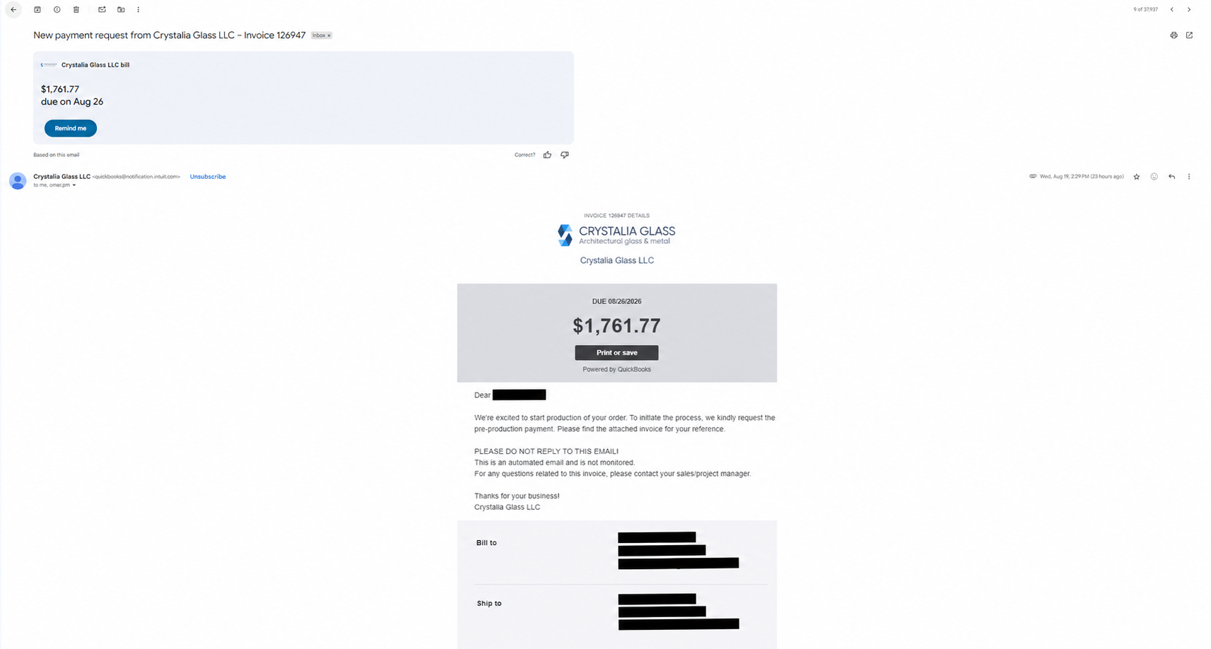 Redacted Crystalia pre-production payment invoice email