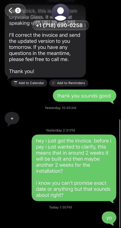 Text message asking whether production would take about two weeks followed by about two weeks for installation